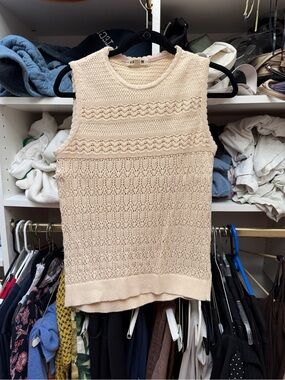Boden Cream Knit Sleeveless Tank with Subtle Pink Trim
